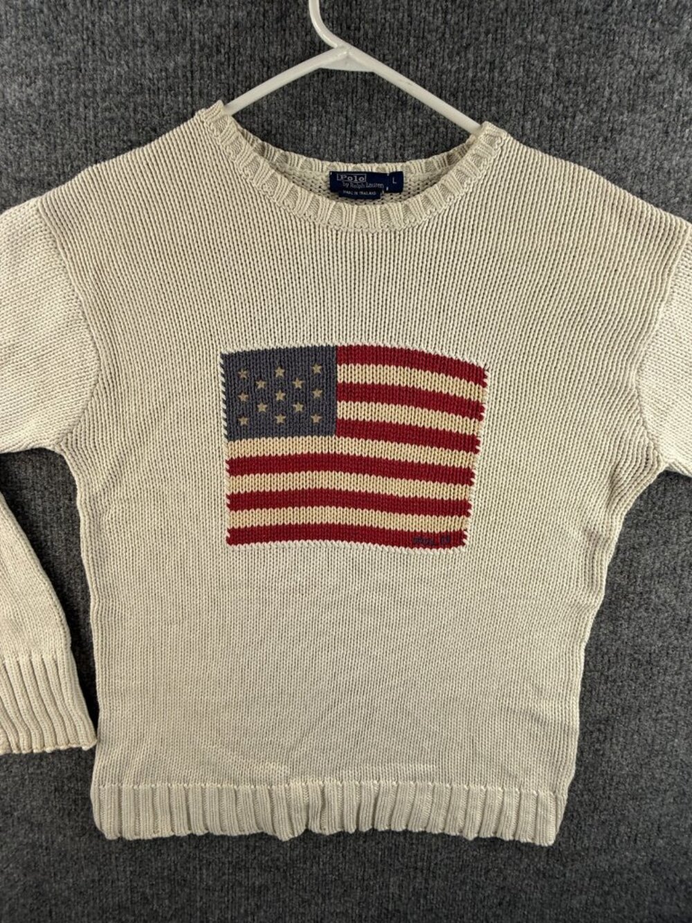 Polo Ralph Lauren USA Flag Sweater Large Cotton White Crew Neck Pullover Patriot